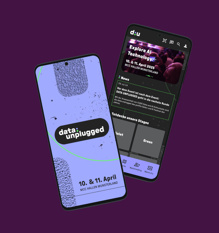 Die data:unplugged Messe-App auf zwei Smartphones